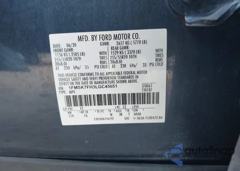 2020 Ford Explorer Limited from USA, damaged, VIN 1FMSK7FH3LGC45651